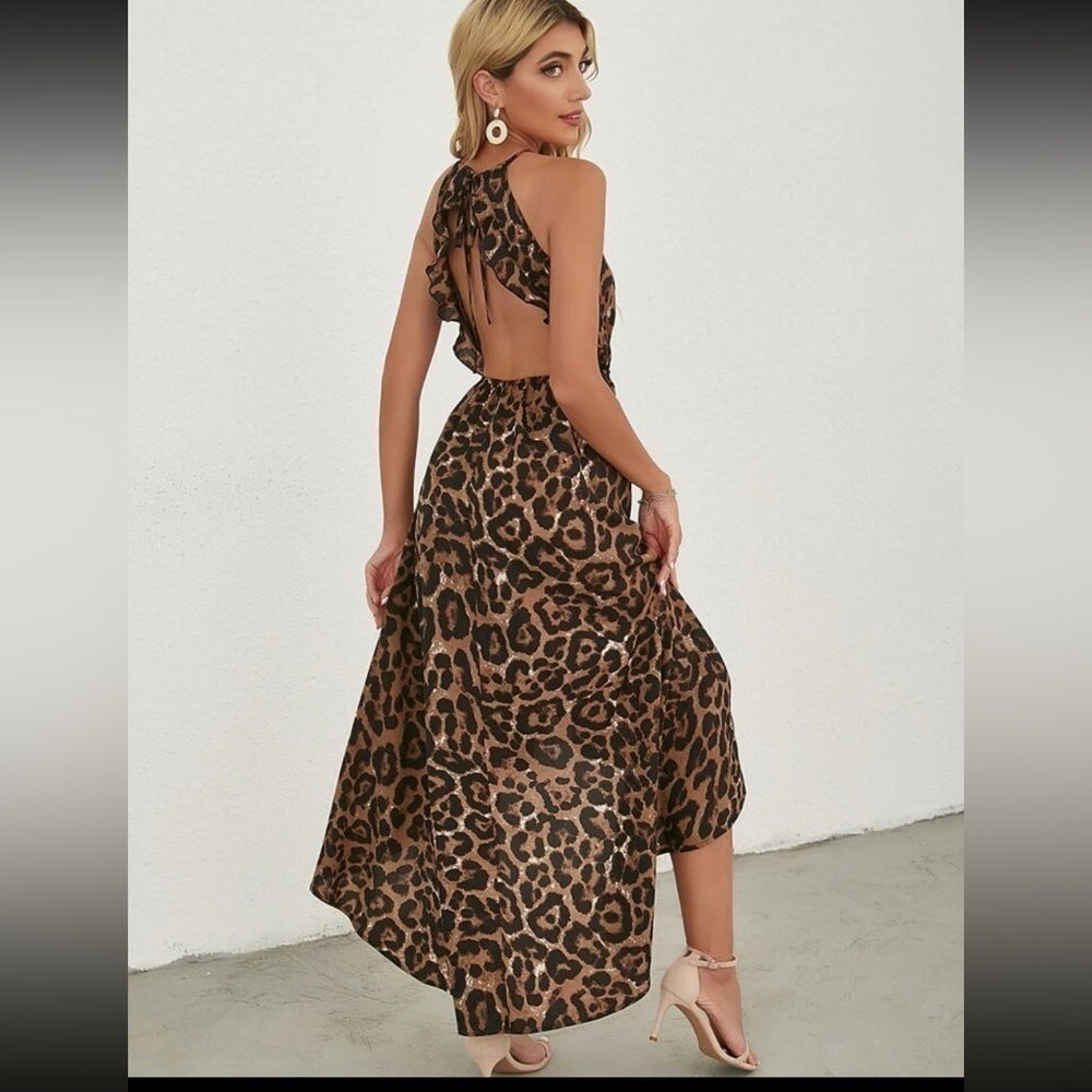 Leopard Print Ruffle High Low Backless Dress Size… - image 3